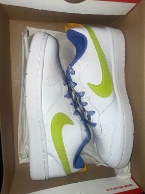 Nike White Sneakers with Lime Swoosh and Blue Accents for Kids
